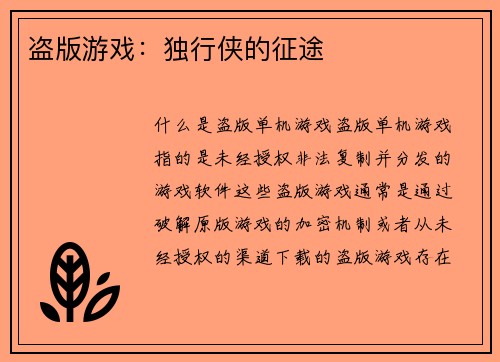 盗版游戏：独行侠的征途