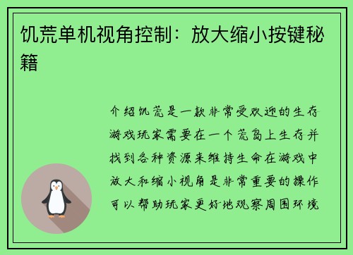 饥荒单机视角控制：放大缩小按键秘籍